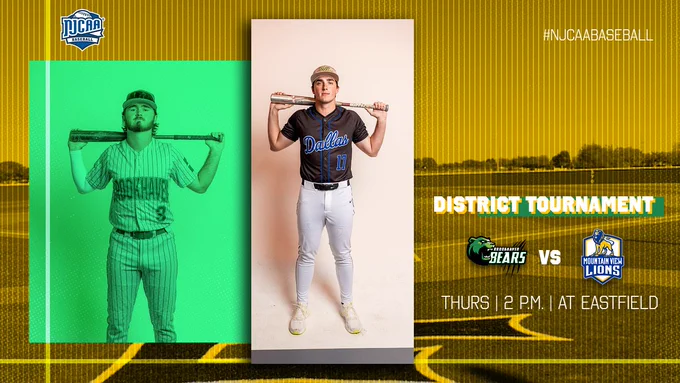 Dallas College Brookhaven baseball player Kaiden Sziy (left) and Dallas College Mountain View's Cooper Scott (right) hold bats over their shoulders. Two teams play at 2 p.m. today. 