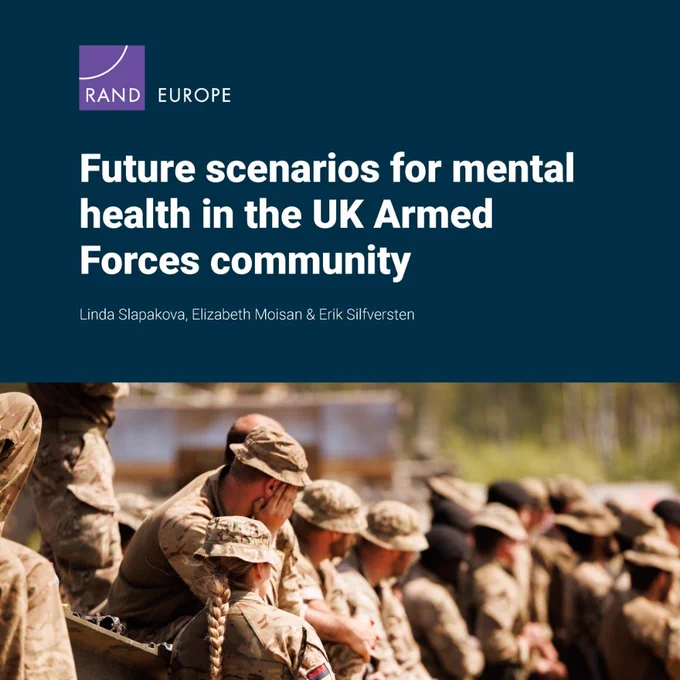 Image of army personnel sitting facing away from the camera. Text on image reads: RAND Europe
Future scenarios for mental health in the UK Armed Forces community
Authors: Linda Slapakova, Elizabeth Moisan, Erik Silfversten