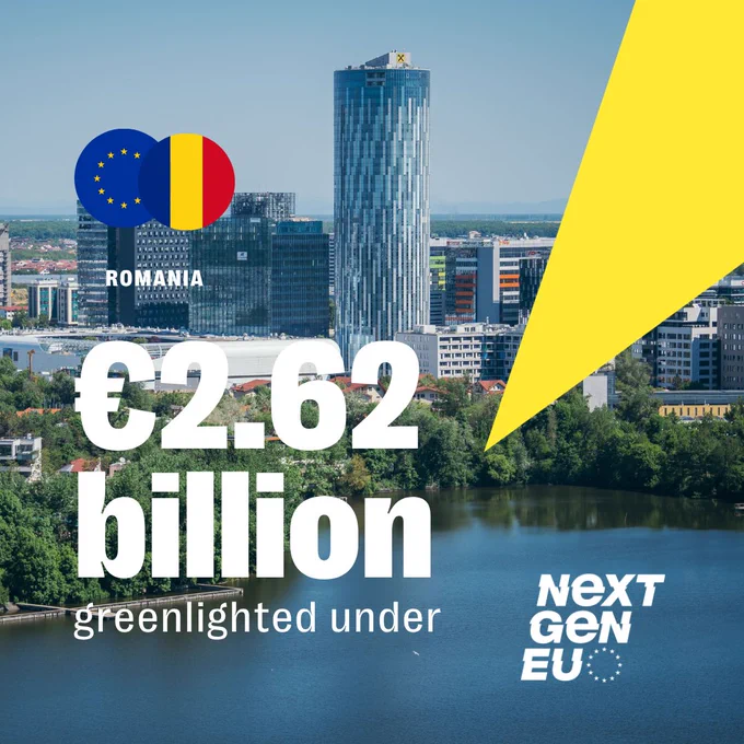 A visual with a photo from Bucharest in the background, with the text saying 2.62 billion euros greenlighted for Romania from Next Gen EU