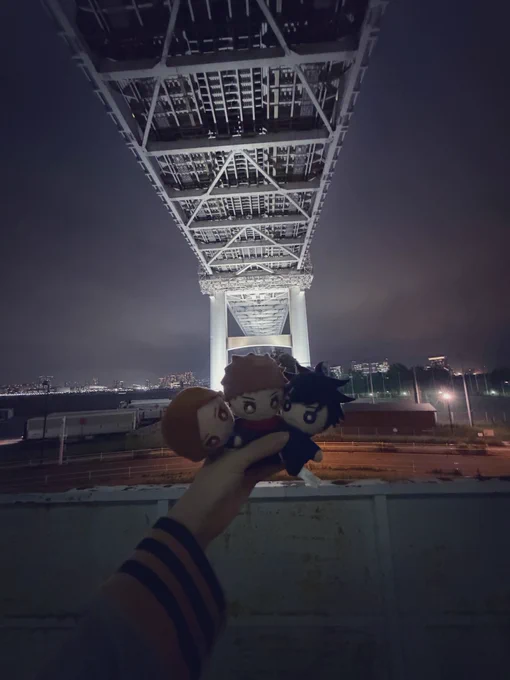 レインボーブリッジの下で、ブリッジを背景に、手に持った一年ズのぬいを撮った写真。夜です。