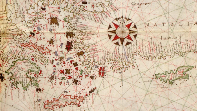 Detail of [Portolan atlas of the Mediterranean Sea, western Europe, and the northwest coast of Africa], Joan Oliva, 1590, Geography and Map Division.