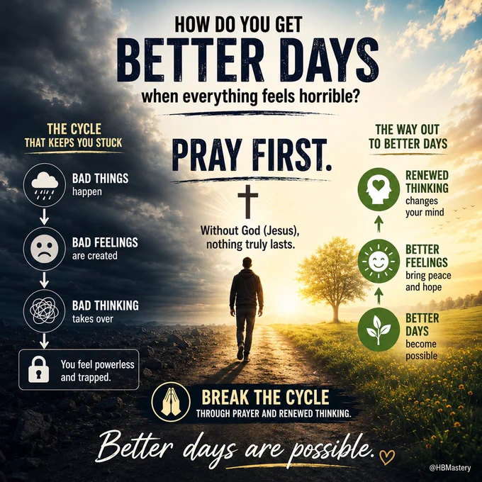 From darkness to hope.
This image represents the cycle many people experience when life feels overwhelming — and the power of prayer, faith, and renewed thinking to help break free from it. Better days are possible.