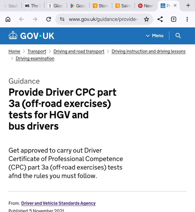 screenshot of the Dvsa website with an update for Driver CPC tests part 3a and is spelt afnd