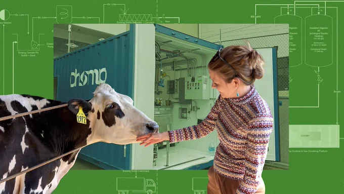 A person interacts with a black and white cow in the foreground. Behind them is a Promethean container with visible equipment inside. The background features agricultural technical diagrams on a green backdrop.