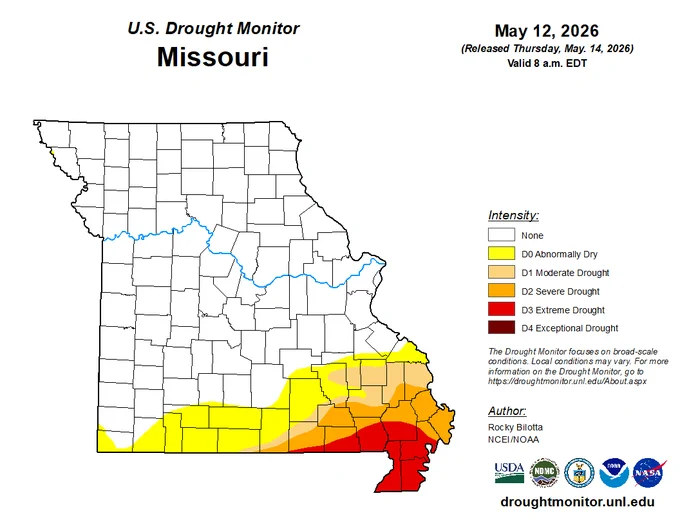 Map of Missouri showing drought conditions on May 12, 2026, with severe to exceptional drought in the southeast corner and moderate drought spreading westward.