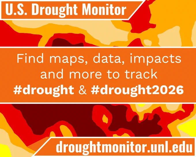 US Drought Monitor. Find maps, data, impacts and more to track #drought and #drought2026. Droughtmonitor.unl.edu. The orange, yellow and red colors of the U.S. Drought Monitor are in the background.