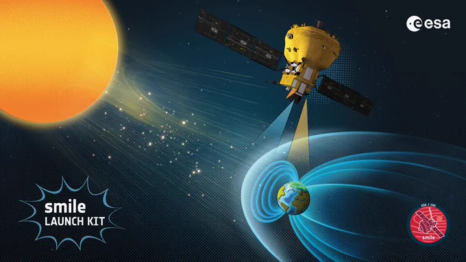 Smile launch kit cover showing the spacecraft in space, observing the interaction between the solar wind and Earth's magnetic field.