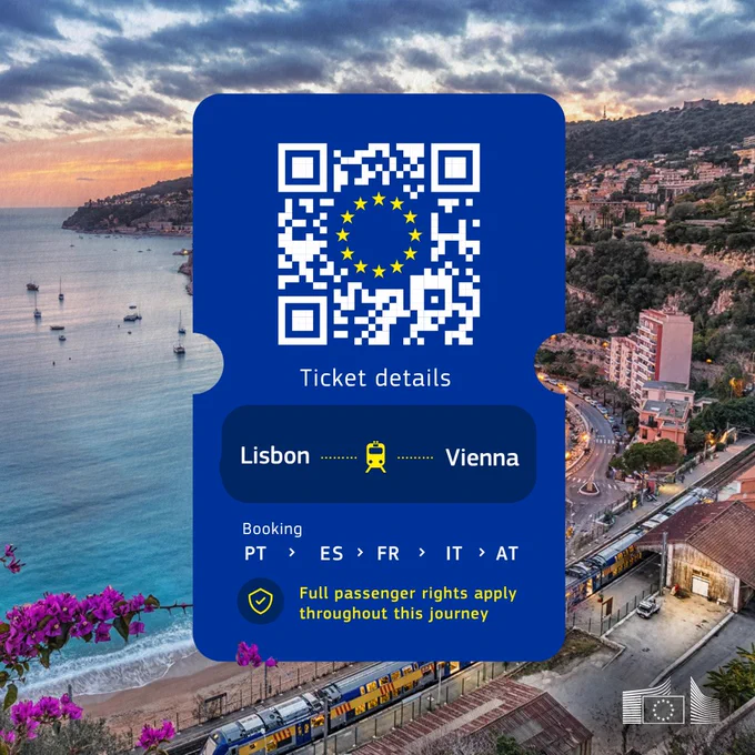 The image features a digital train ticket overlaying a photo of the Mediterranean coast. The ticket is a blue rounded rectangle containing a QR code with the European Union flag at its center, labeled "Ticket details." Below, it specifies a train journey from Lisbon to Vienna, listing country codes PT, ES, FR, IT, and AT, indicating travel through Portugal, Spain, France, Italy, and Austria. At the bottom, a yellow shield icon accompanies the text "Full passenger rights apply throughout this journey," while the European Commission logo is visible in the bottom right corner of the background.