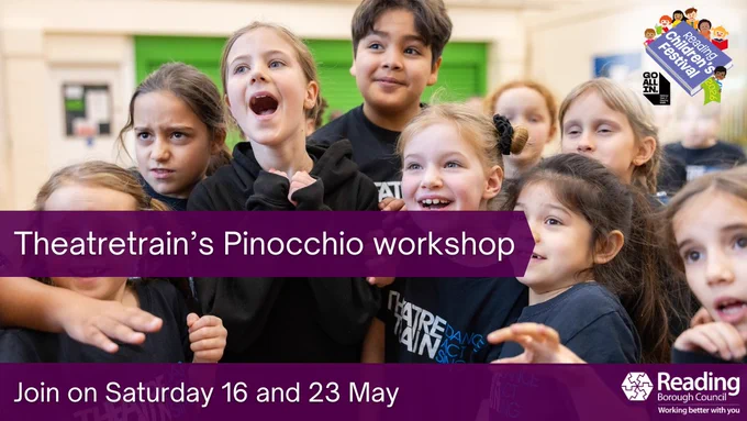 Children excitedly participating in a 'Theatretrain's Pinocchio workshop' for Reading Children's Festival.