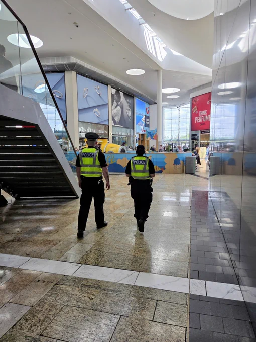 Two police officers walk through a modern shopping centre.