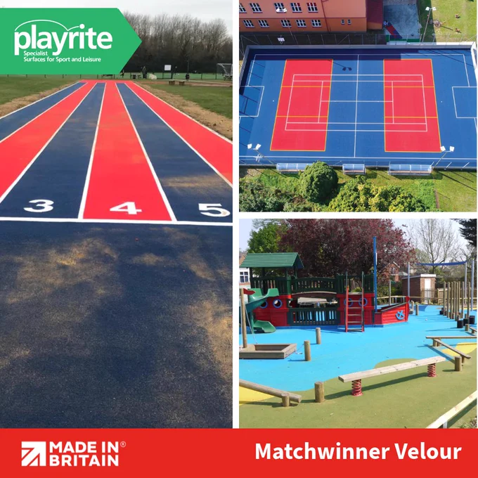 A vibrant red and blue outdoor running track with lanes numbered 3, 4, and 5, surrounded by grass and trees, a MUGA, and a light bright blue playground surface with play equipment on it