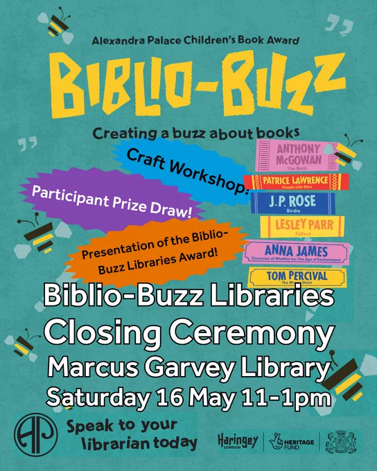 Cartoon bees and books adorn the Biblio-Buzz closing ceremony information.