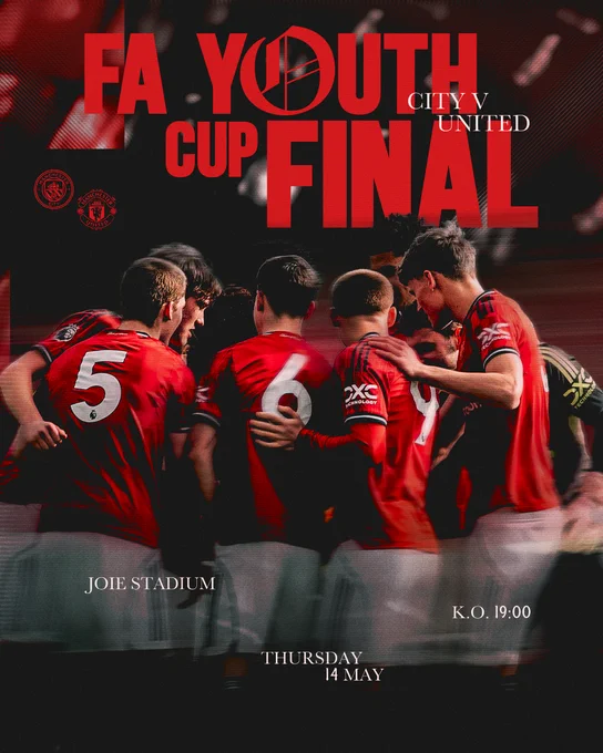 Manchester United's U18s in red jerseys huddling on a promotional graphic for the FA Youth Cup final at Joie Stadium on Thursday May 14, kick-off 19:00 BST.