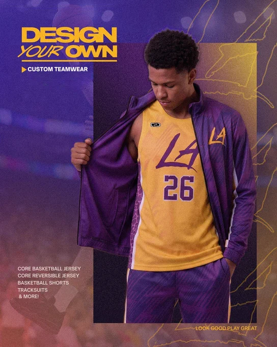 man wearing purple and gold lakers inspired basketball apparel