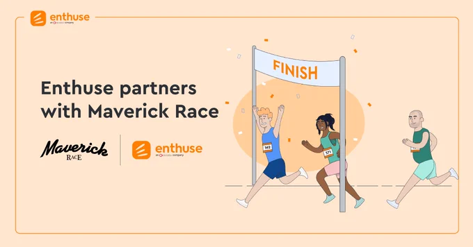 light orange background with cartoon runners crossing the finish line in the foreground, maverick and enthuse logos pictured