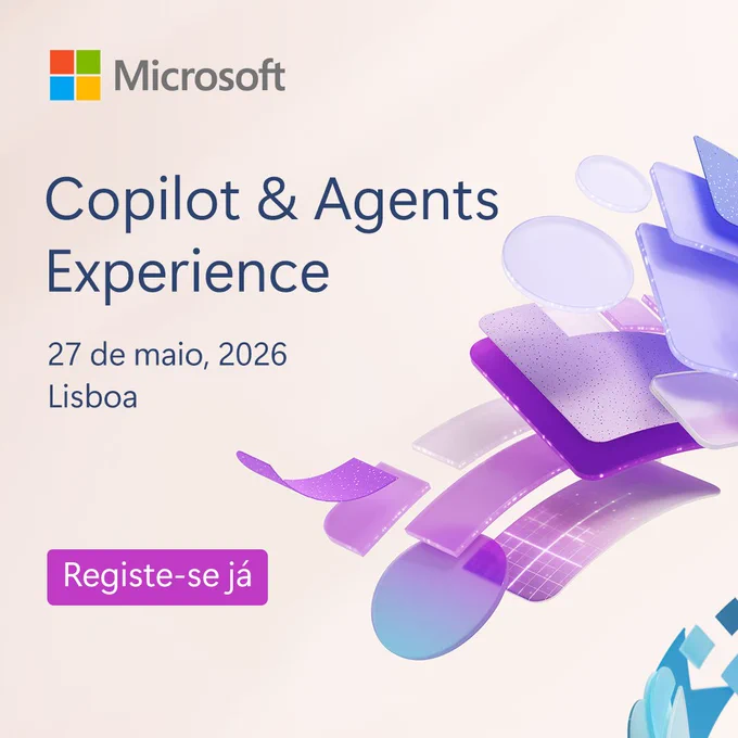 O texto diz: "Copilot & Agents Experience
27 de maio, 2026
Lisboa
Registe-se já"