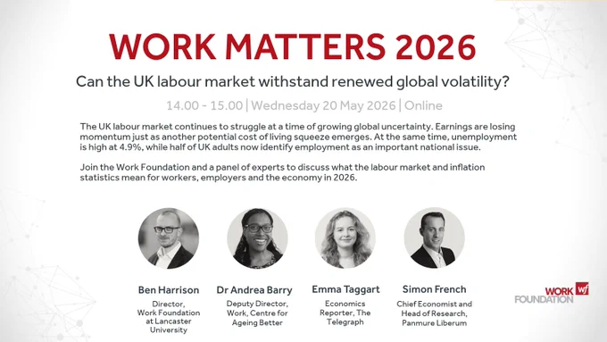 WORK MATTERS 2026
14.00 - 15.00 | Wednesday 20 May 2026 | Online
Can the UK labour market withstand renewed global volatility?
The UK labour market continues to struggle at a time of growing global uncertainty. Earnings are losing momentum just as another potential cost of living squeeze emerges. At the same time, unemployment has risen to a five-year high of 5.2%, while half of UK adults now identify employment as an important national issue. 

Join the Work Foundation and a panel of experts to discuss what the labour market and inflation statistics mean for workers, employers and the economy in 2026.

Ben Harrison
Director, Work Foundation at Lancaster University
Dr Andrea Barry
Deputy Director, Work, Centre for Ageing Better
Simon French
Chief Economist and Head of Research, Panmure Liberum
Emma Taggart
Economics Reporter, The Telegraph

Work Foundation logo