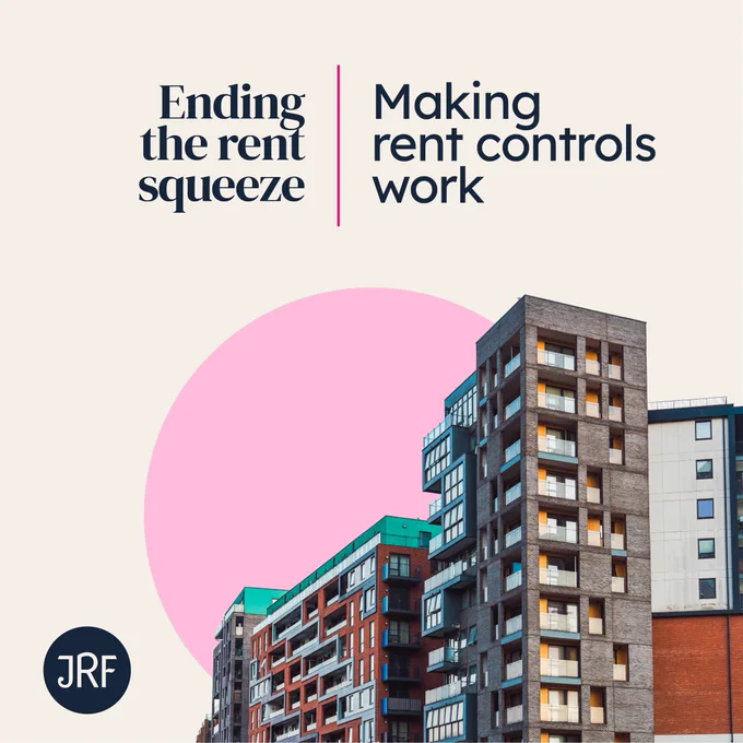 Cover slide for JRF's 'Ending the rent squeeze' programme of work, with an image of some flats over an oatmeal and pink background with a JRF logo in the bottom left corner
