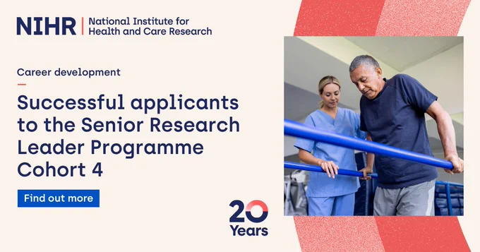 An image of a healthcare worker with a male patient, with the caption: 'Career development: Successful applicants to the Senior Research Leader Programme Cohort 4 - Find out more' 
