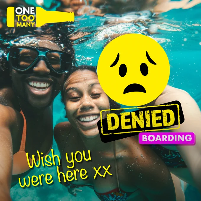 A group of people pose for a photo while diving underwater. One of the faces is covered with a sad face emoji. Text reads "Wish you were here xx"