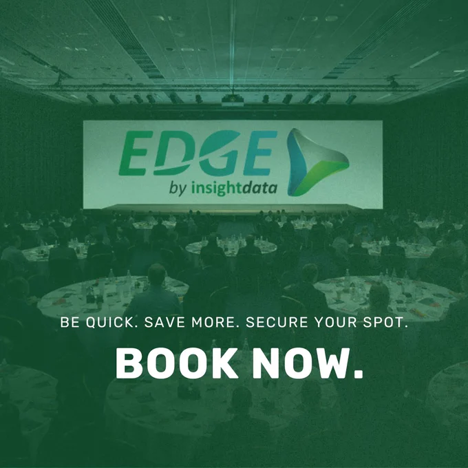 Promotional image for the EDGE conference showing a large audience and a call to action to book now. The mood is professional and urgent.