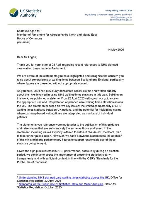 Page one of Penny Young's letter to Seamus Logan MP about waiting times in England and Scotland. The full letter is available in HTML through the link in the post.