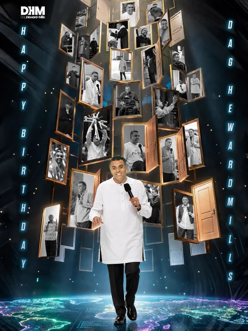 A celebratory image featuring a man in white attire holding a microphone, surrounded by photo frames with past images of him. A digital globe is in the background.