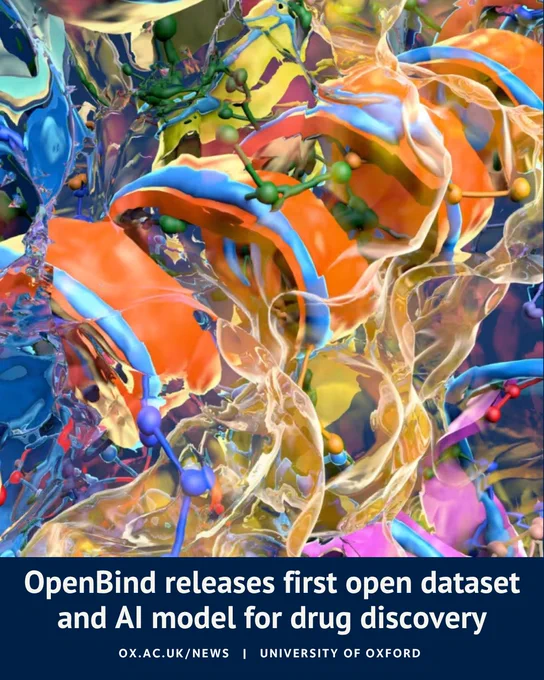 The image shows a colourful abstract scientific visualisation featuring ribbon-like protein structures, molecular models and translucent flowing forms in bright shades of orange, blue, yellow and pink. Overlaid text reads: “OpenBind releases first open dataset and AI model for drug discovery” alongside University of Oxford branding.