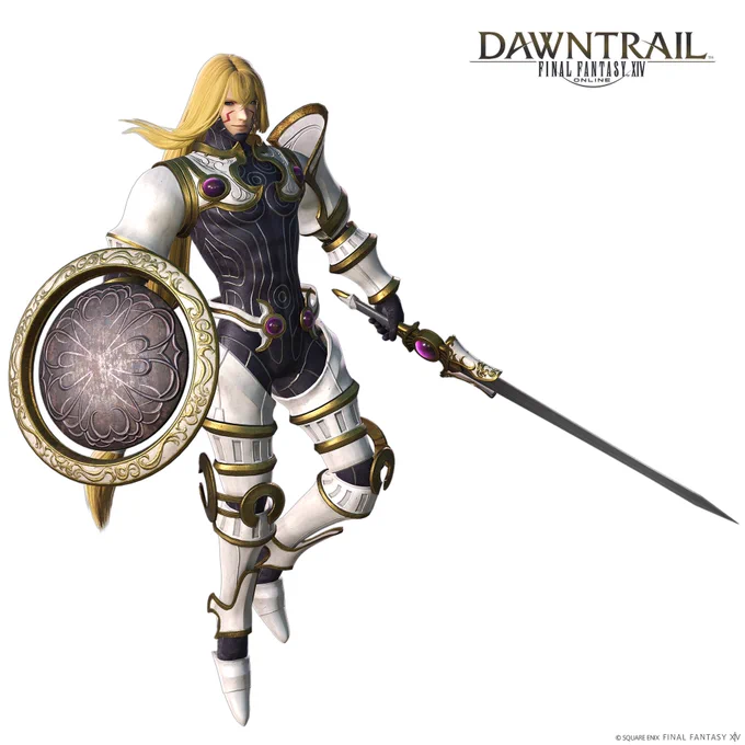 Une image du modèle 3D sur fond blanc d'un homme aux longs cheveux blonds en armure noire et blanche avec des pierres violettes. Il a deux marques rouges sur le visage et tient une épée et un bouclier rond dans ses mains. En haut à droite il y a le logo de dawntrail, Final Fantasy 14.
