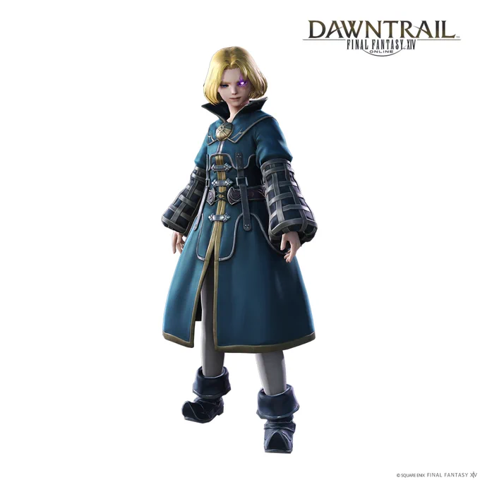 Une image du modèle 3D sur fond blanc d'un homme aux cheveux blonds  mi-longs en long manteau bleu. Son oeil gauche brille d'une couleur violette vive et des veines apparentes en sortent. En haut à droite il y a le logo de dawntrail, Final Fantasy 14.
