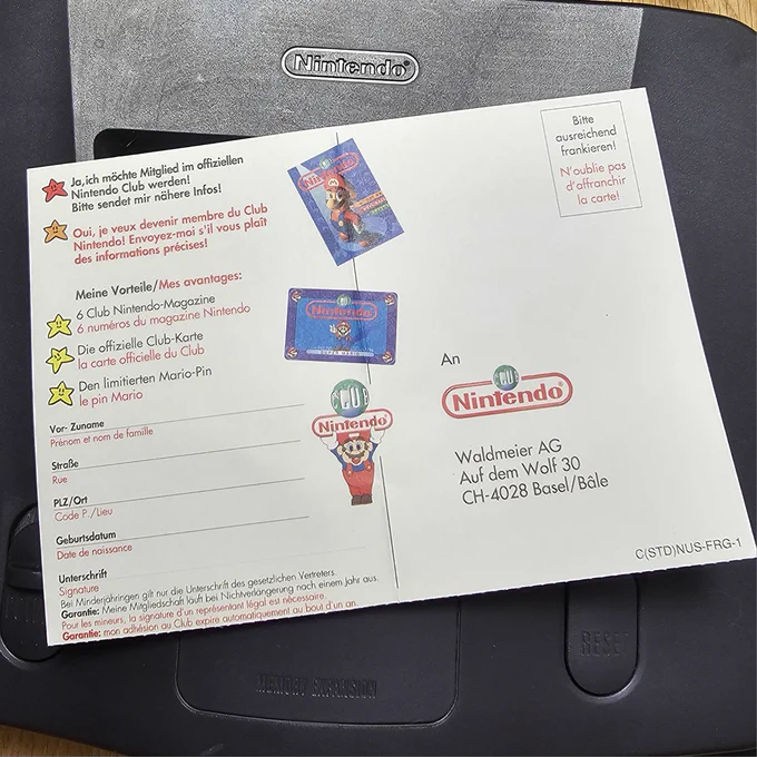 Anforderungskarte für Informationen zum Nintendo-Club aus den 90ern. 