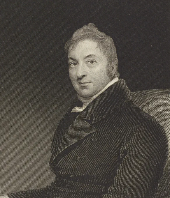 A detailed black and white portrait of Edward Jenner in formal 18th-century attire, seated and facing forward.
