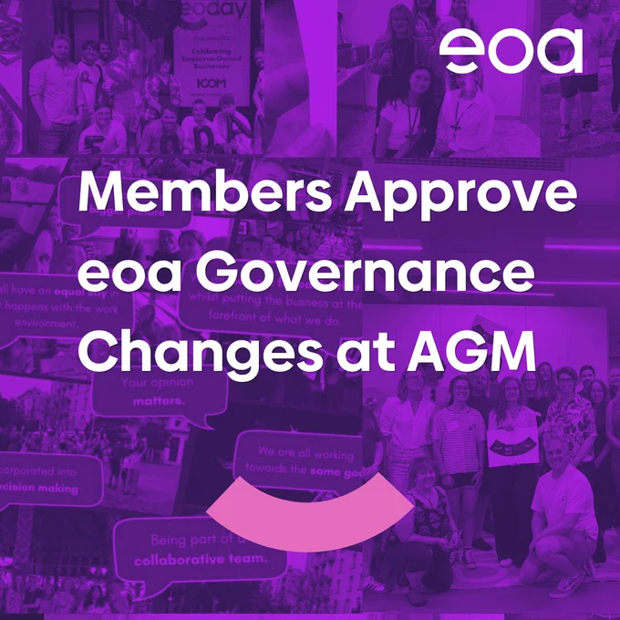 Text reading 'Members Approve eoa Governance Changes at AGM' overlaying a photo collage of happy employees posing with EO Day printouts