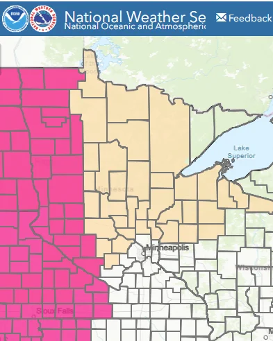 Screenshot from the national weather service showing counties along western Minnesota highlighted in pink indicating a red flag warning. 