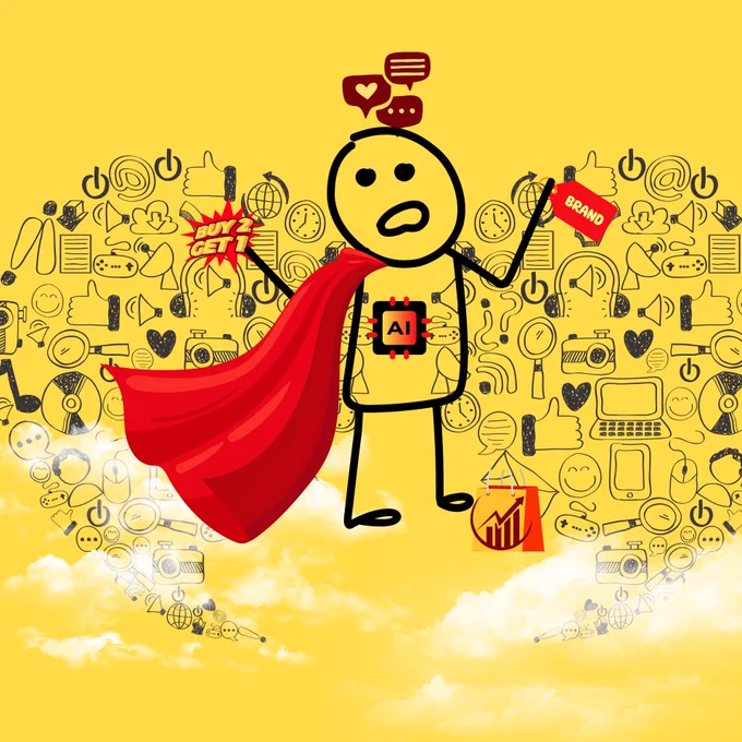An image created by Arushi Choudhary - a yellow background, with a range of marketing images in black with a cartoon figure wearing a red cape like a superhero in the centre.