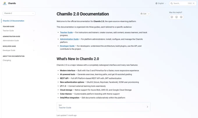 Screenshot of the homepage of the Chamilo 2 documentation, in English