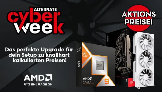 Werbegrafik zur „Alternate Cyber Week“ mit AMD-Ryzen-Prozessor und Radeon-Grafikkarte. Beworben werden AMD Ryzen 9000 Series CPUs und Radeon RX 9070 XT Komponenten zu Aktionspreisen. Schwarzer Hintergrund mit Produktverpackungen und weißer Grafikkarte.