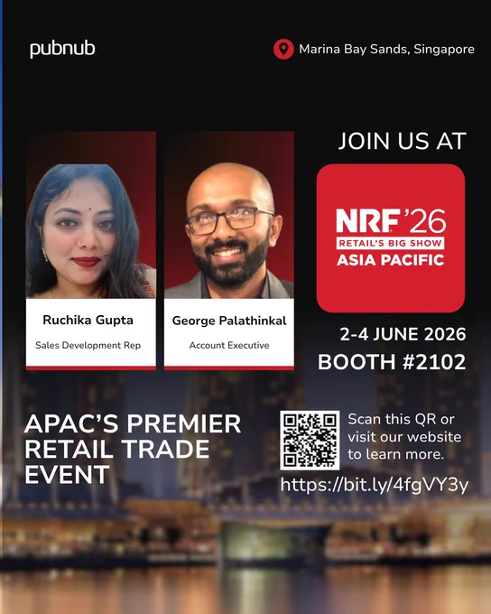 Promotional image for NRF'26 Asia Pacific Trade Event at Marina Bay Sands, Singapore. Features representatives from PubNub.