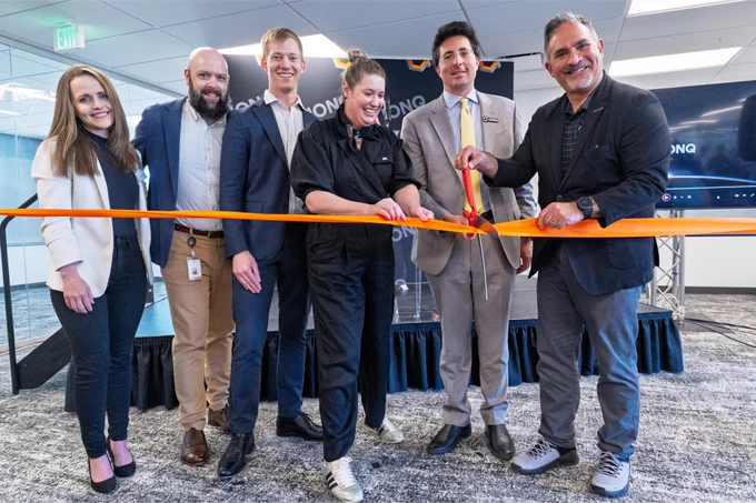Chancellor Justin Schwartz, right, joined executives, dignitaries, guests and visitors for the ribbon cutting ceremony for a new Boulder research and design lab for quantum company, IonQ. Image credits: Glenn J. Asakawa/University of Colorado