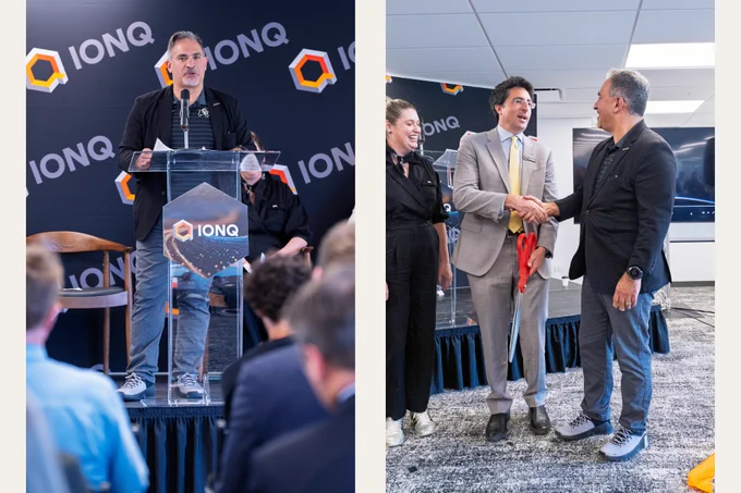 Right: Chancellor Schwartz speaks to guests and visitors for the IonQ ribbon cutting. Left: Chancellor Schwartz, right, shakes the hand of IonQ CEO and Chairman Niccolo de Massi. Image credits: Glenn J. Asakawa/University of Colorado