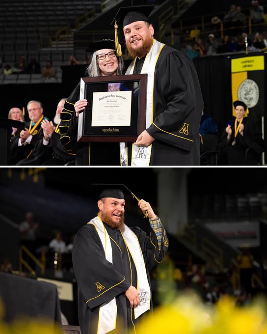Top photo: App State alumnus Luke Combs stands with Chancellor Heather Norris while holding his framed diploma during Appalachian State University’s commencement ceremony inside Holmes Convocation Center. Both wear black academic regalia and smile toward the audience as attendees applaud in the background.

Bottom photo: Luke Combs smiles and adjusts his graduation tassel while standing on stage during Appalachian State University’s commencement ceremony inside Holmes Convocation Center.