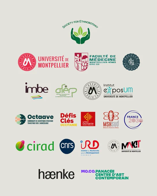 A light gray graphic displaying the logos of the Society for Ethnobotany and its 2026 conference partners and sponsors. At the top center is the Society for Ethnobotany logo, featuring two green hands cradling green leaves in a circular emblem. Below it, the partner logos are arranged in five rows:
Row 1: Université de Montpellier (red circular seal with a stylized M), Faculté de Médecine Montpellier-Nîmes Depuis 1220 (red and gray crest), and Faculté Pharmacie Montpellier (dark teal circular seal).
Row 2: IMBE (dark red text with colorful wave lines), AFERP (green leaf logo with French text for the Francophone Association for Education and Research in Pharmacognosy), the Université de Montpellier circular seal, and Institut ExposUM Université de Montpellier (teal and gray text logo).
Row 3: Octaave (multicolored geometric logo, Communauté de Scientifiques d'Occitanie Transitions vers l'Agroécologie), Défis Clés Occitanie (bold red and black text), La Région Occitanie Pyrénées-Méditerr