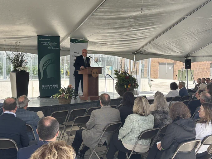 MSU AgBioResearch Director George Smith speaking at the MSU greenhouse ribbon-cutting ceremony.