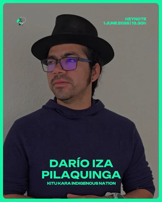 A promotional graphic for the Society for Ethnobotany 2026 conference. A medium-skinned man wearing a wide-brimmed black hat, rectangular glasses with blue-tinted lenses, and a dark navy turtleneck sweater stands with his arms crossed, looking to his left. The photo has a dark green tint overlay. A bright green border frames the image. In the upper right corner, green text reads "Keynote, 1 June 2026, 13.30h." Along the bottom, large bold green text reads "Darío Iza Pilaquinga" with smaller text below reading "Kitu Kara Indigenous Nation." The SEB 2026 conference logo appears in the upper left corner.