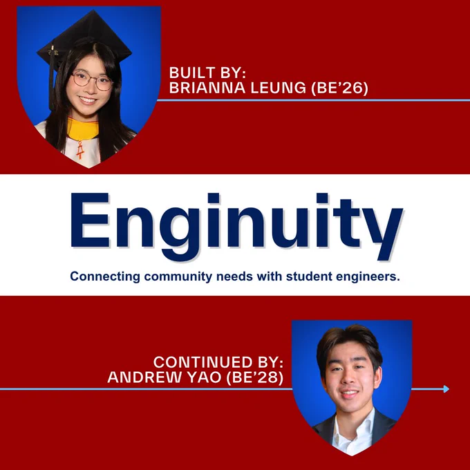 Red, white, and blue graphic highlighting Enginuity with shield-shaped portraits of Brianna Leung (BE’26) at the top labeled “Built by” and Andrew Yao (BE’28) at the bottom labeled “Continued by,” with lines indicating the transition of leadership.