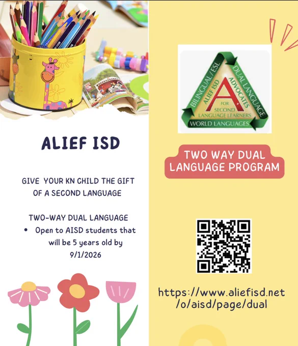 A flyer for Alief ISD features a colorful background, text about a dual language program, a QR code, and a logo.