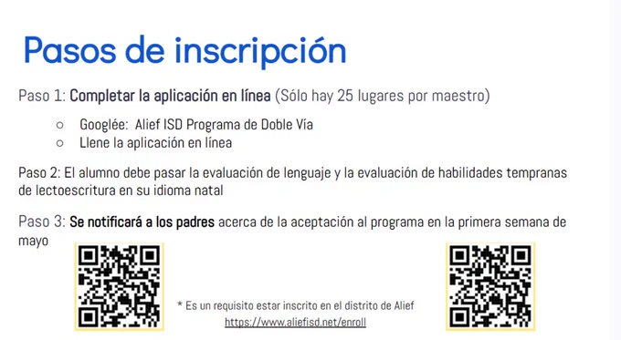 A webpage titled "Pasos de inscripción" lists steps for enrollment with QR codes. Steps include completing an online application and passing language assessments.