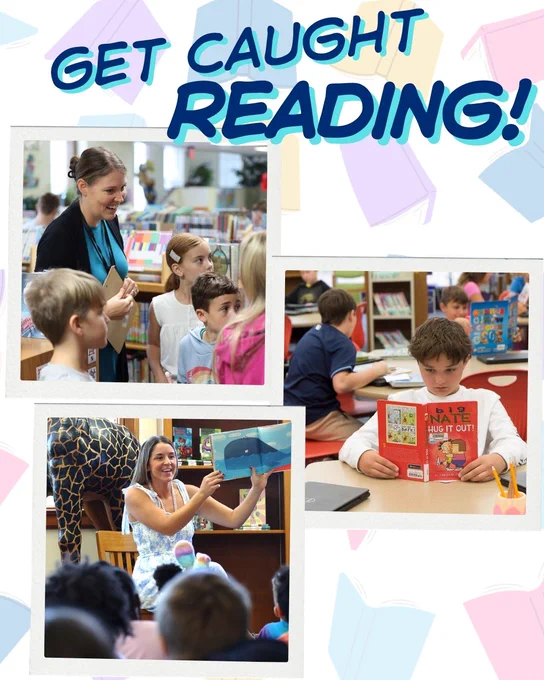 Collage of students and teachers engaged in reading activities in a classroom setting. Large "GET CAUGHT READING!" text at the top.