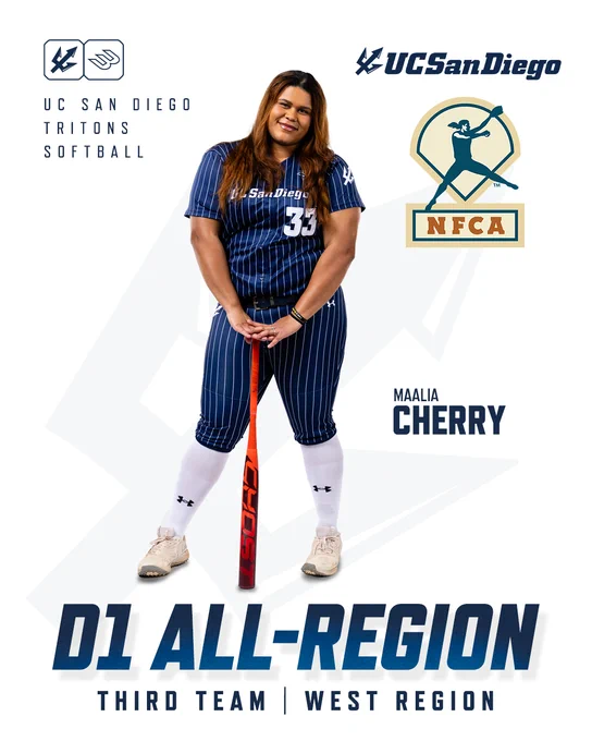 A person in a UC San Diego Tritons softball uniform holds a red softball bat. The uniform is blue with white pinstripes and the number 33. The background features the UC San Diego logo and the NFCA emblem. Text reads, "UC San Diego Tritons Softball" and "D1 All-Region Third Team | West Region.