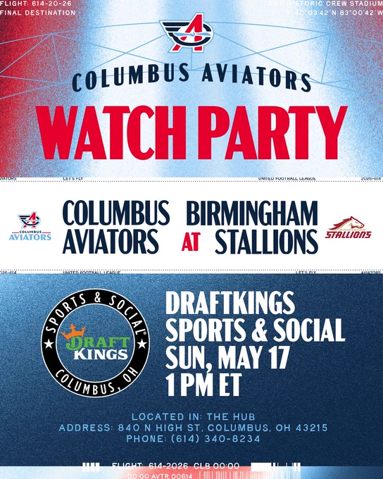 An event poster for the Columbus Aviators watch party against Birmingham Stallions on May 17. Organized by DraftKings Sports & Social in Columbus, OH.